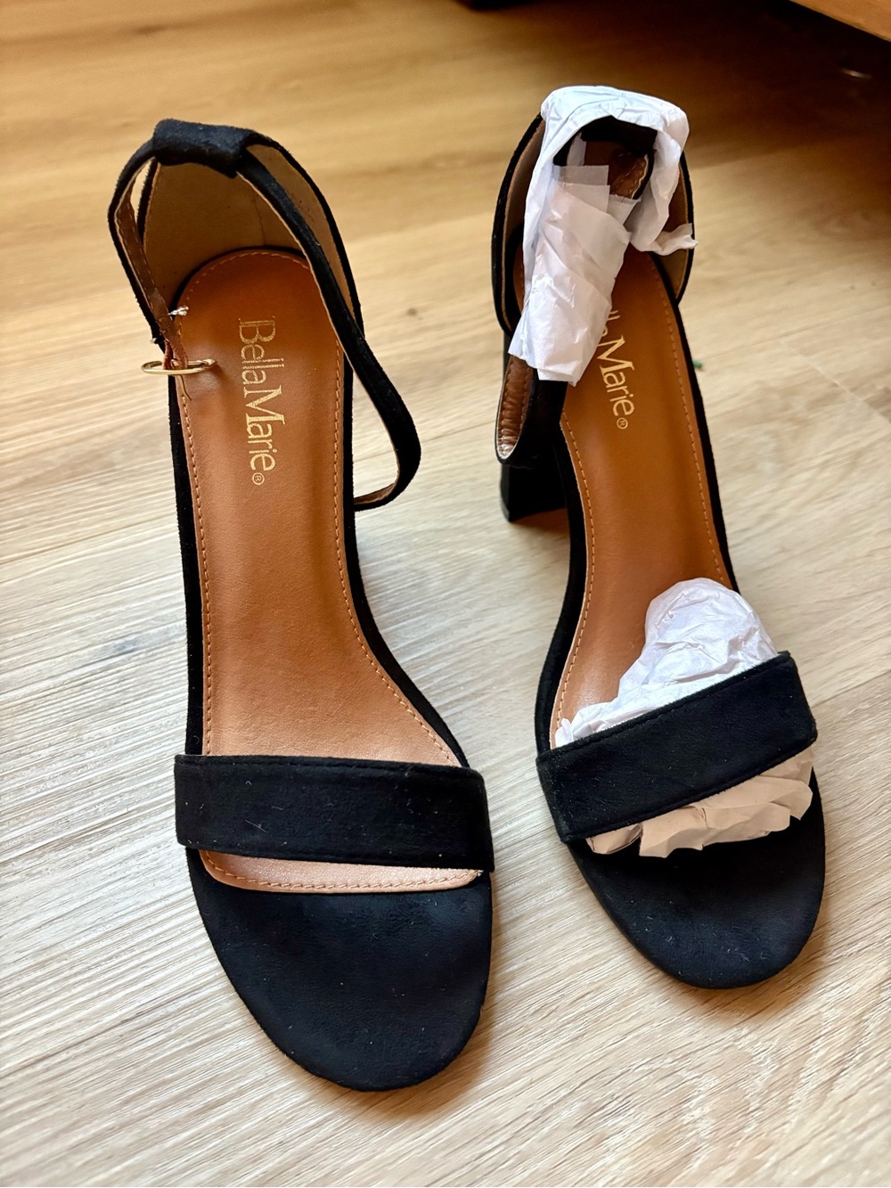 Bella Marie Black Suede Open-Toe Slingback Block Heels